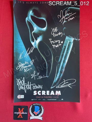 SCREAM_5_012 - 11x17 Photo Autographed By David Arquette, Jack Quaid, Jasmin Savoy Brown, Mikey Madison, Melissa Barrera, Neve Campbell, Sonia Ammar & Skeet Ulrich