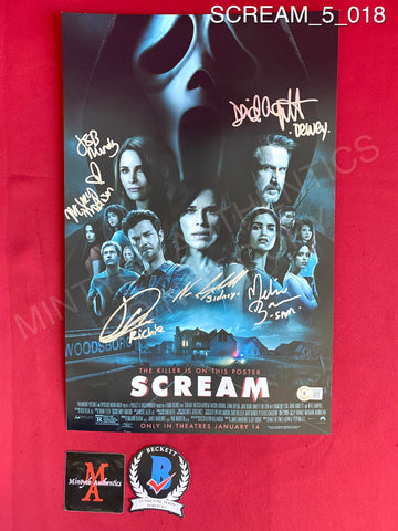 SCREAM_5_018 - 11x17 Photo Autographed By David Arquette, Jack Quaid, Jasmin Savoy Brown, Melissa Barrera, Mikey Madison & Neve Campbell