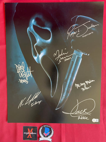 SCREAM_868 - 16x20 Photo Autographed By Neve Campbell, Melissa Barrera, David Arquette, Jack Quaid, Roger Jackson & Mikey Madison