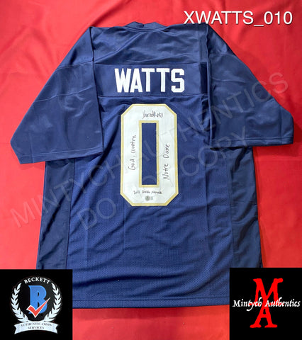 XWATTS_010 - Notre Dame Navy Blue Custom Jersey Autographed By Xavier Watts